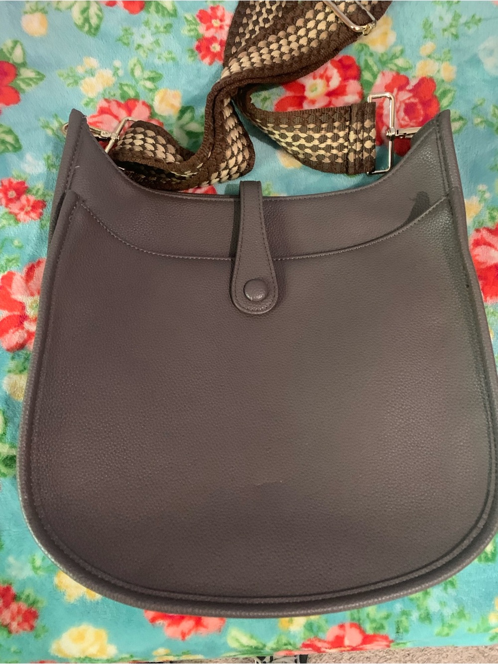 Ah-dorned  U Shaped Shoulder Bag Taupe Brown With Wide Guitar Style Strap